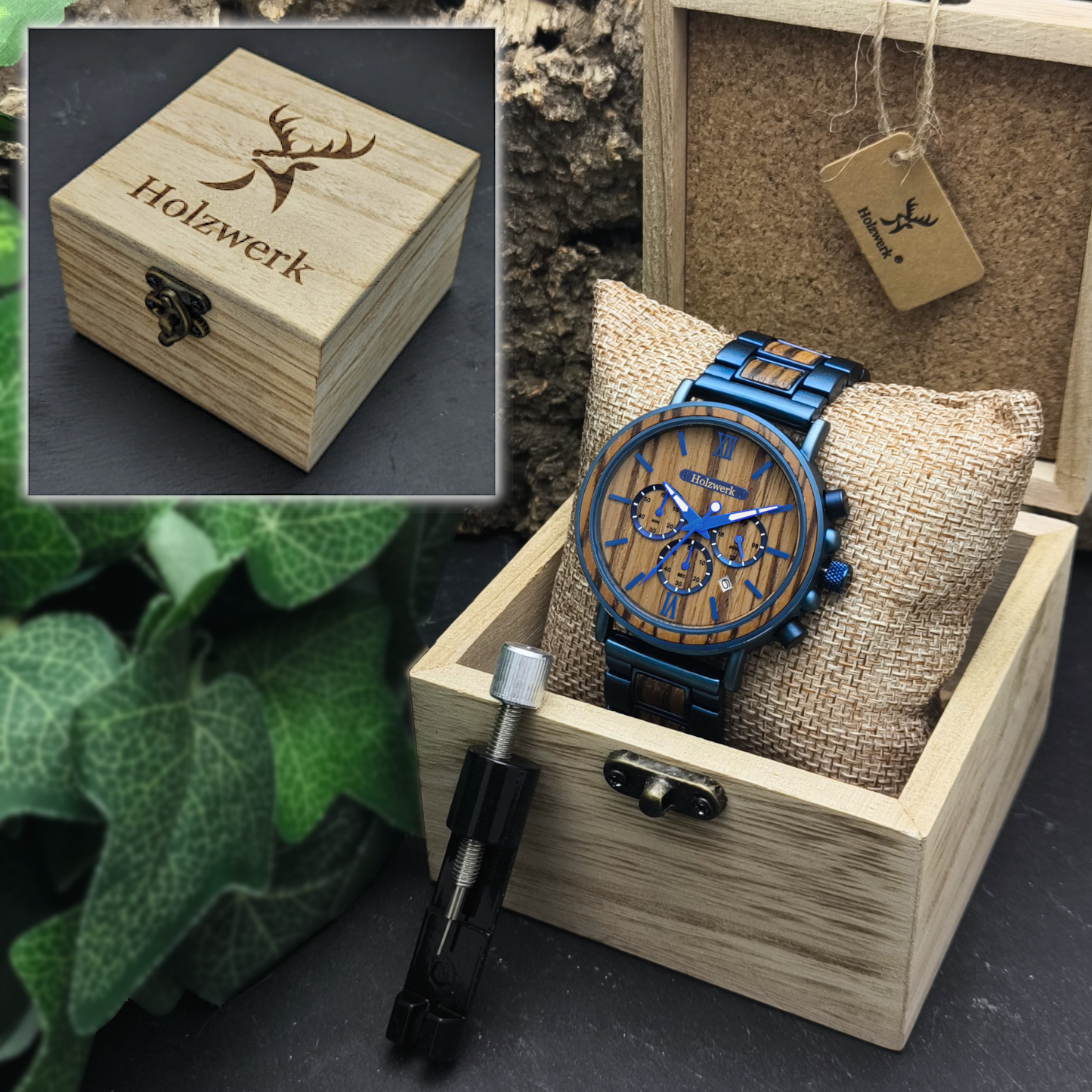 Holzwerk BERLIN Chronographen-Uhr aus Zebrahholz mit Chronographen, Datumsanzeige, Detailansicht der Holzwerk Verpackung