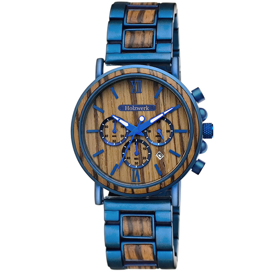 Holzwerk BERLIN Chronographen-Uhr aus Zebrahholz mit drei Chronographen, Datumsanzeige und blau-braunem Zifferblatt, Frontal