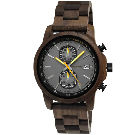 Holzwerk BERNBURG Holz Uhr Chronograph mit Datum, braun, grau, gelb, Hauptbild