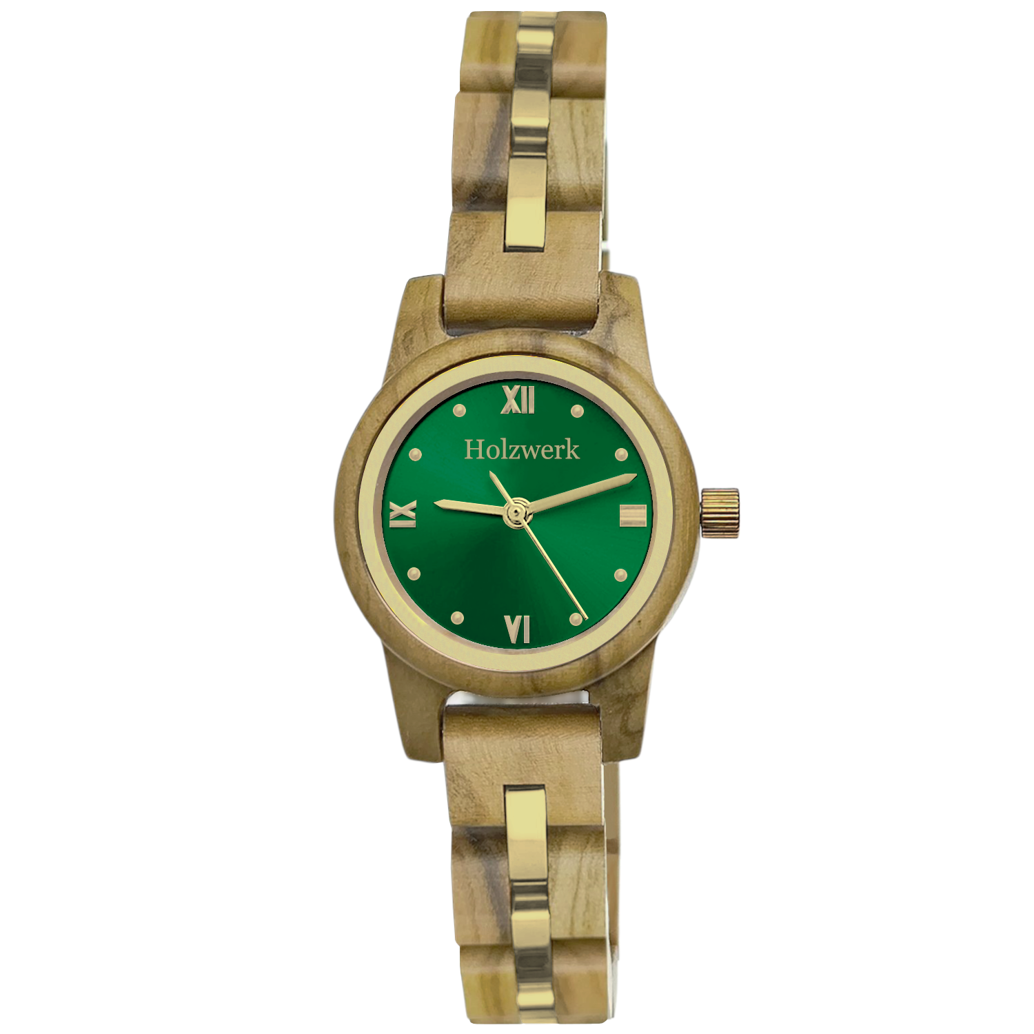 Holzwerk STREHLA Damen Quarz-Armbanduhr aus Olivenholz mit grün-goldenem Zifferblatt und römischen Ziffern, Frontansicht