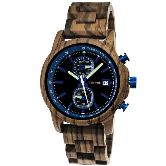 Holzwerk BOCHUM Holz Uhr Chronograph mit Datum, schwarz, blau, Hauptbild