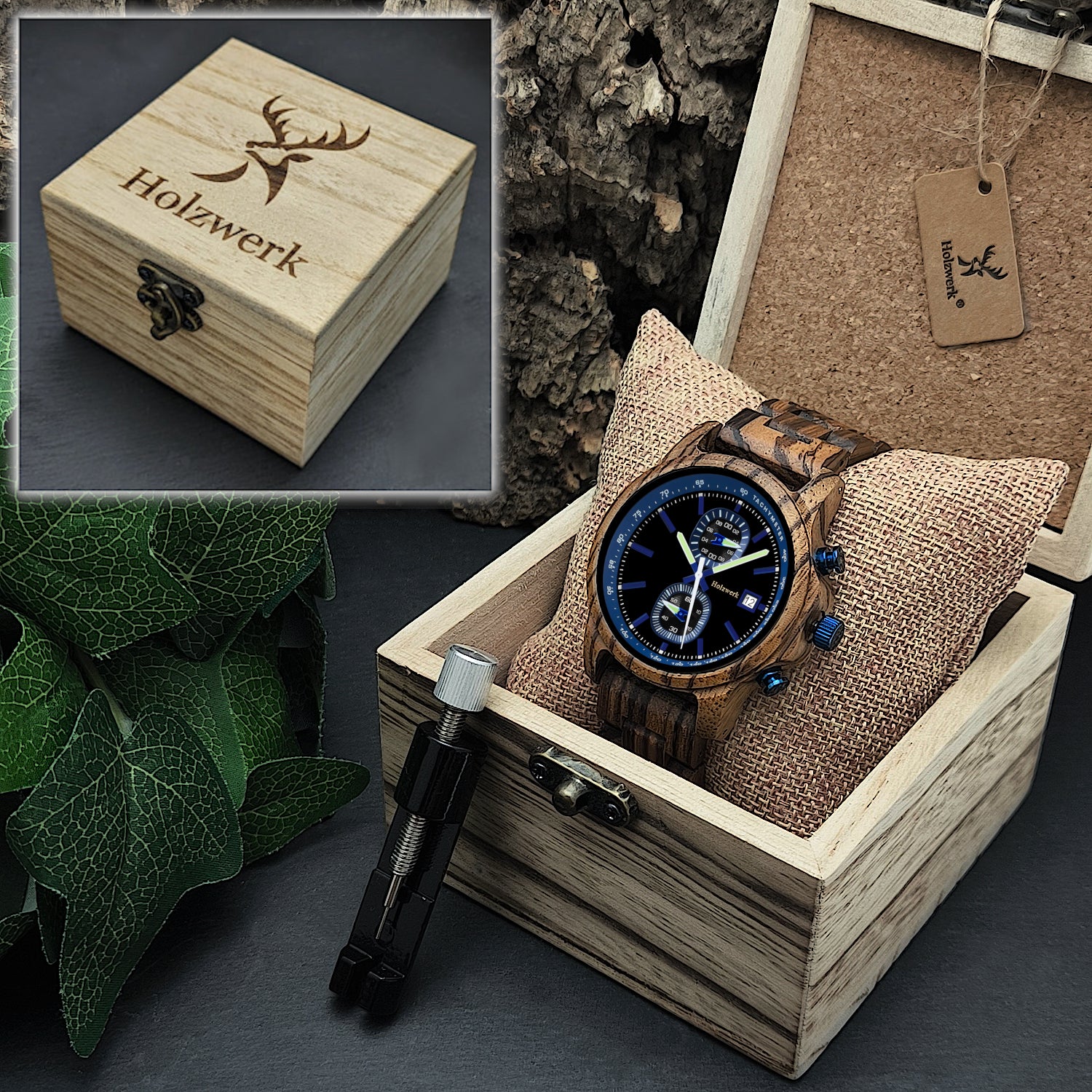 Holzwerk Germany Orologio In Legno Uomo | Collezione Nature Wood | Cronografo Al Quarzo Giapponese | Quadrante Blu E Marrone | Cinturino In Legno Naturale | Regalo Unico