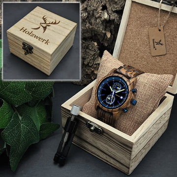 Holzwerk Germany Orologio da uomo, realizzato a mano, in legno, ecologico, naturale, cronografo, analogico, al quarzo, marrone, bianco, nero, pietra di marmo, data, quadrante in legno