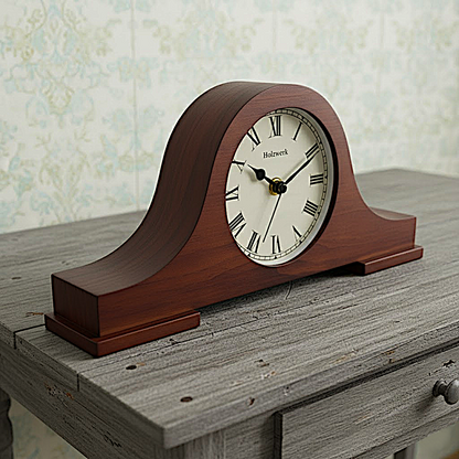 Holzwerk BRAUBACH Retro-Tischuhr  aus dunklem Walnussholz mit cremeweißem Zifferblatt und römischen Ziffern auf dem Regal