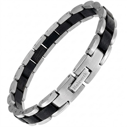 Holzwerk CARPSEE silber-schwarzes  Holz Armband aus Ebony Holz und Edelstahl mit Gliederkonstruktion Frontansicht