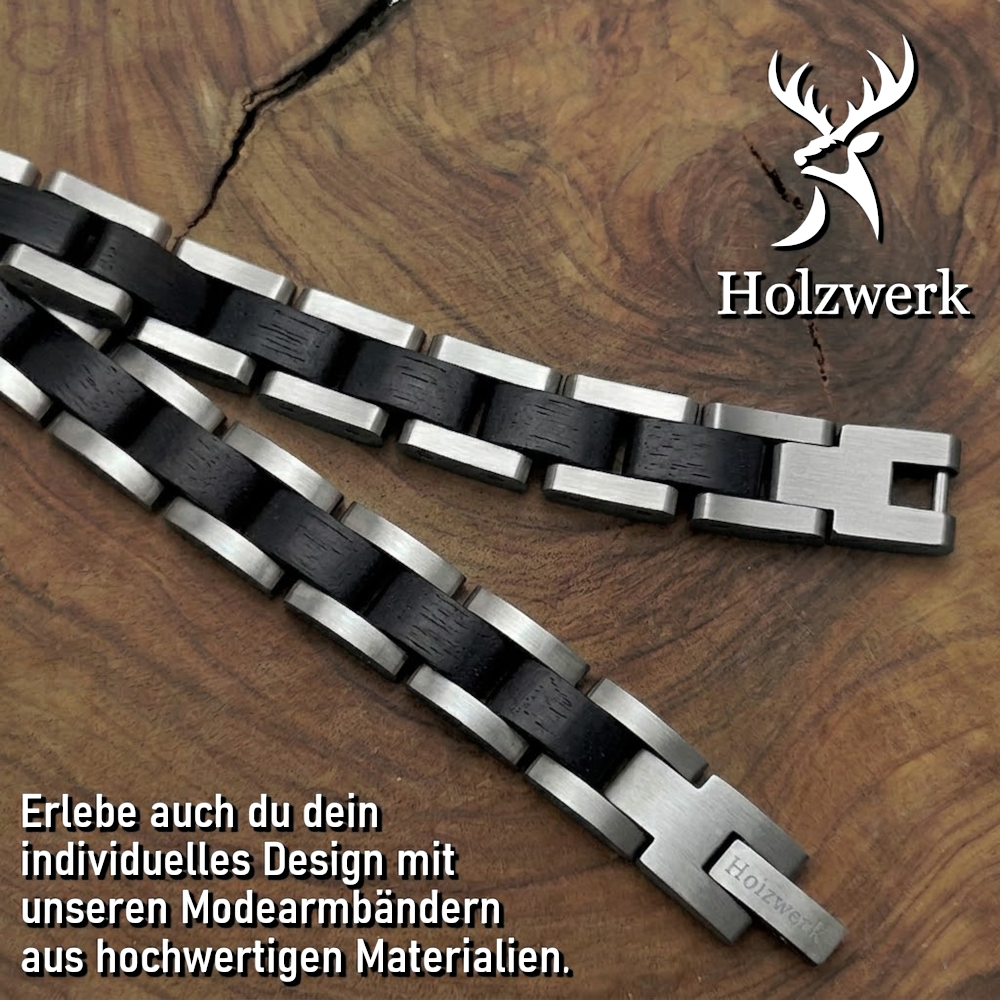 Holzwerk CARPSEE silber-schwarzes  Holz Armband aus Ebony Holz und Edelstahl, Detailansicht der Gliederkonstruktion