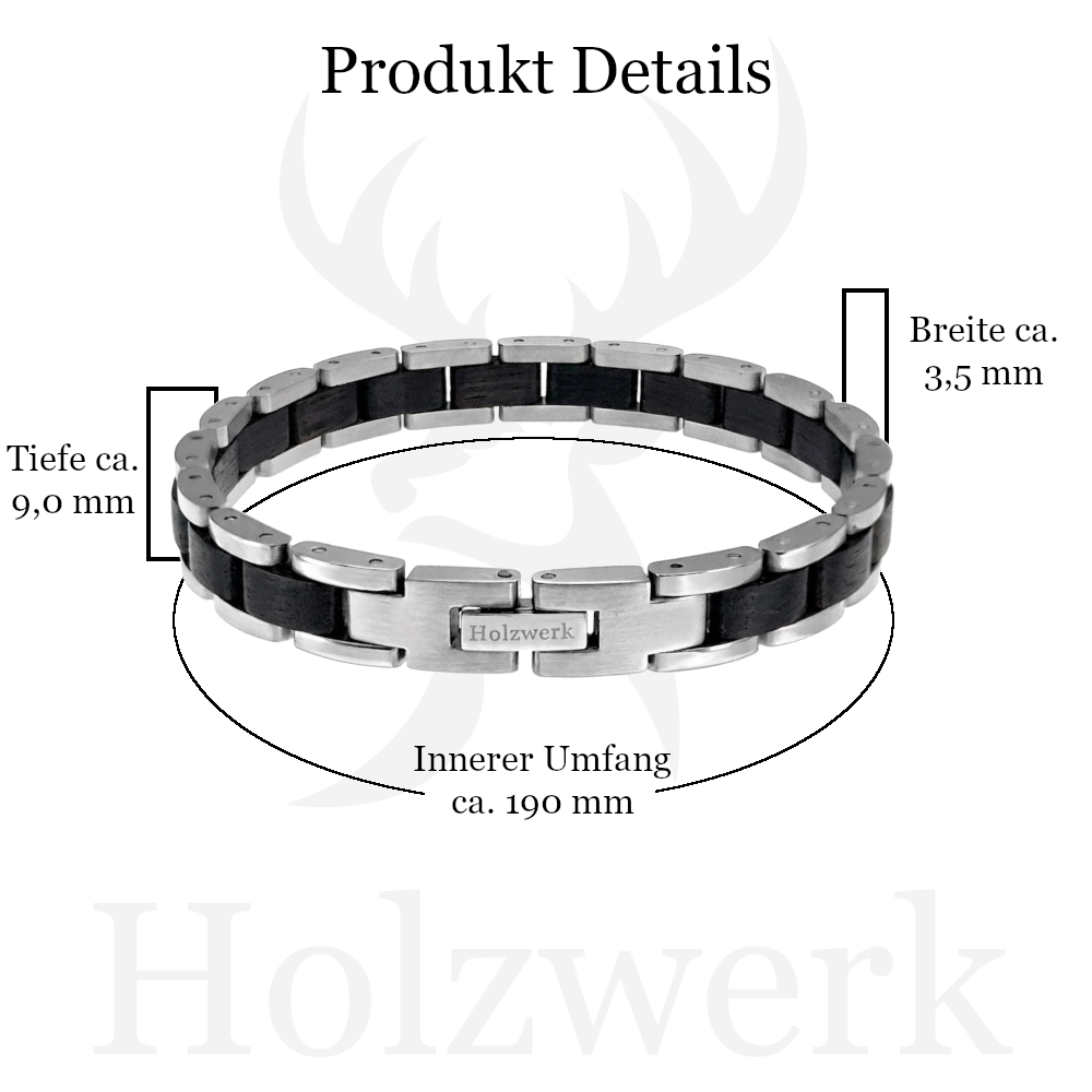 Holzwerk CARPSEE silber-schwarzes  Holz Armband aus Ebony Holz und Edelstahl mit Gliederkonstruktion und Maßangaben