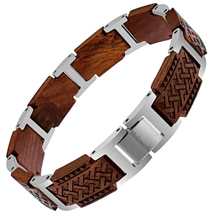 Holzwerk CLASSEE Armband aus Sandelholz und Edelstahl in Silber und Braun mit Gliederdesign und Klappverschluss, Frontal