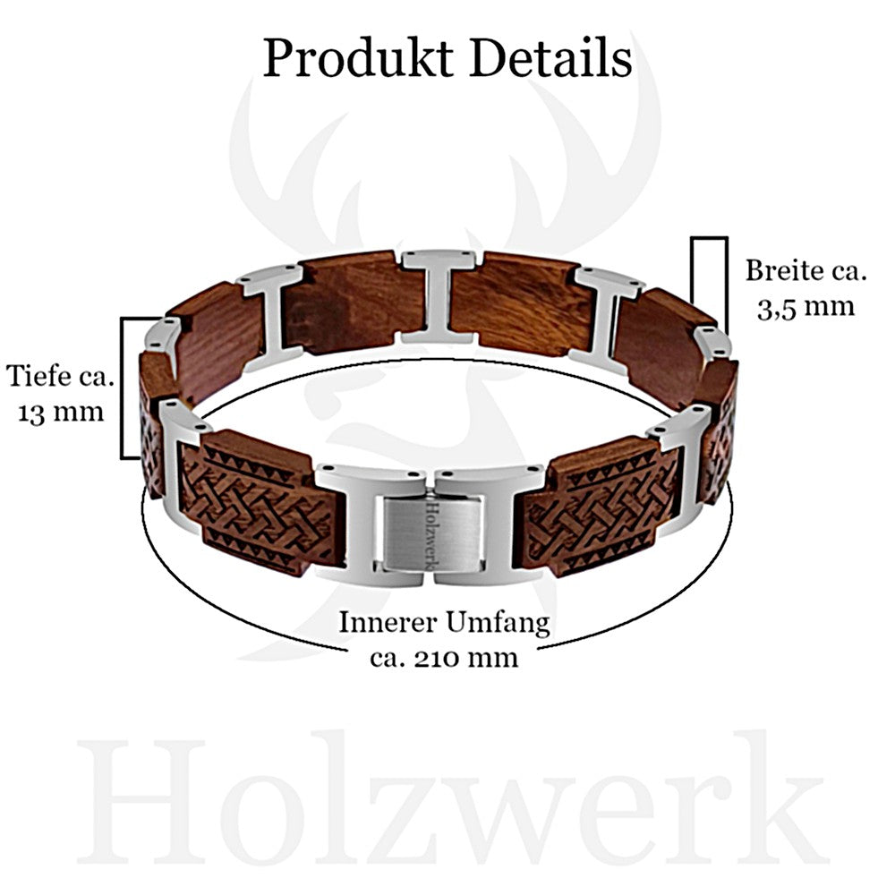 Holzwerk CLASSEE Armband aus Sandelholz und Edelstahl in Silber und Braun mit Gliederdesign mit Maßangaben