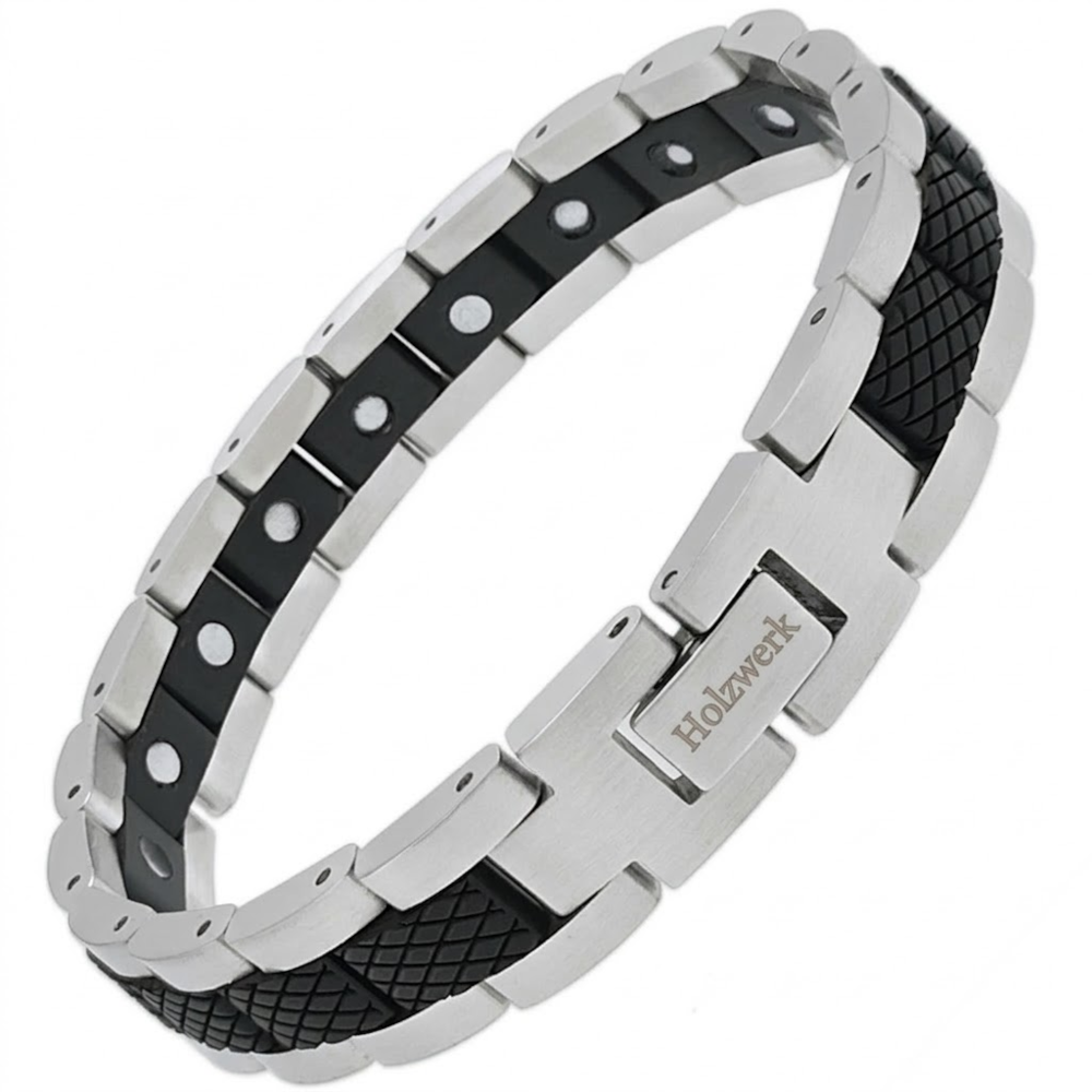 Holzwerk COLPINSEE silber-schwarzes  Magnet Armband aus Ebonyholz und Edelstahl mit Gliederkonstruktion Schräglage