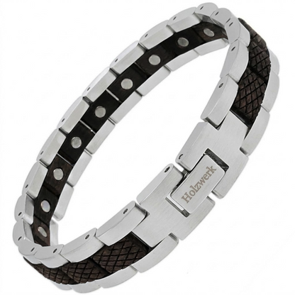 Holzwerk COLPINSEE silber-schwarzes  Magnet Armband aus Ebonyholz und Edelstahl mit Gliederkonstruktion Schräglage