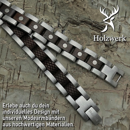 Holzwerk COLPINSEE silber-schwarzes  Magnet Armband aus Ebonyholz und Edelstahl, Detailansicht der Gliederkonstruktion