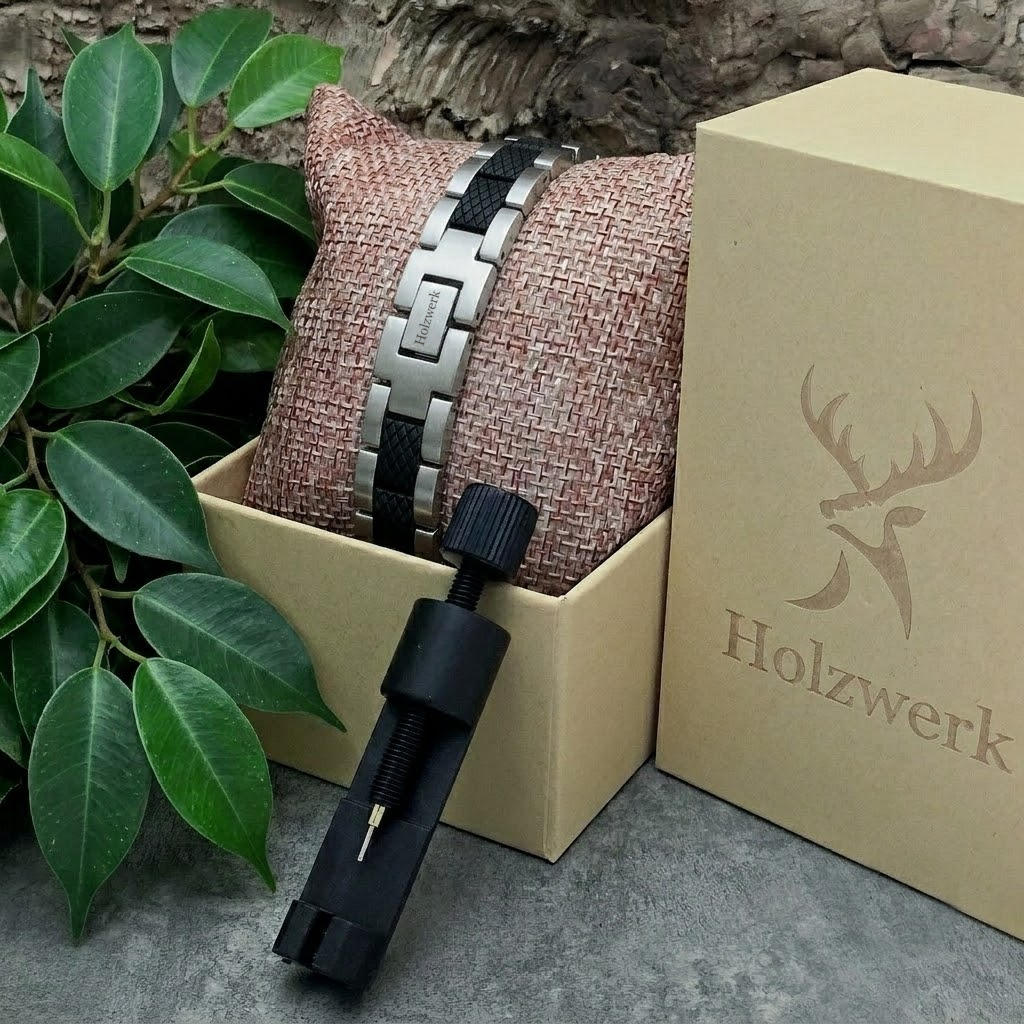 Holzwerk COLPINSEE silber-schwarzes  Magnet Armband aus Ebonyholz und Edelstahl, in Holzwerk Uhrenbox