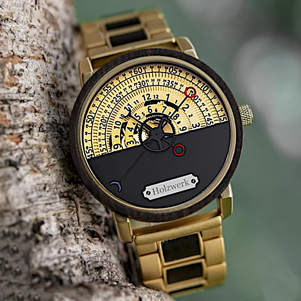 Holzwerk men's watch wood automatic watch in black dark brown gold blue