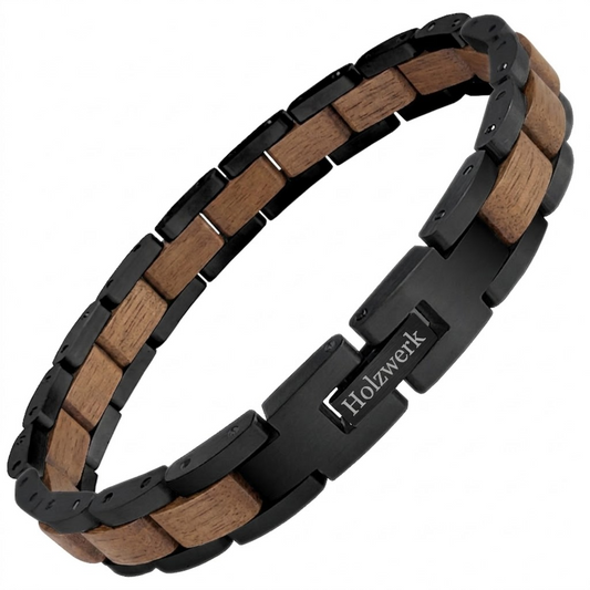 Holzwerk DAMMSEE schwarz-braunes  Holz Armband aus Walnussholz und Edelstahl mit Gliederkonstruktion Frontansicht