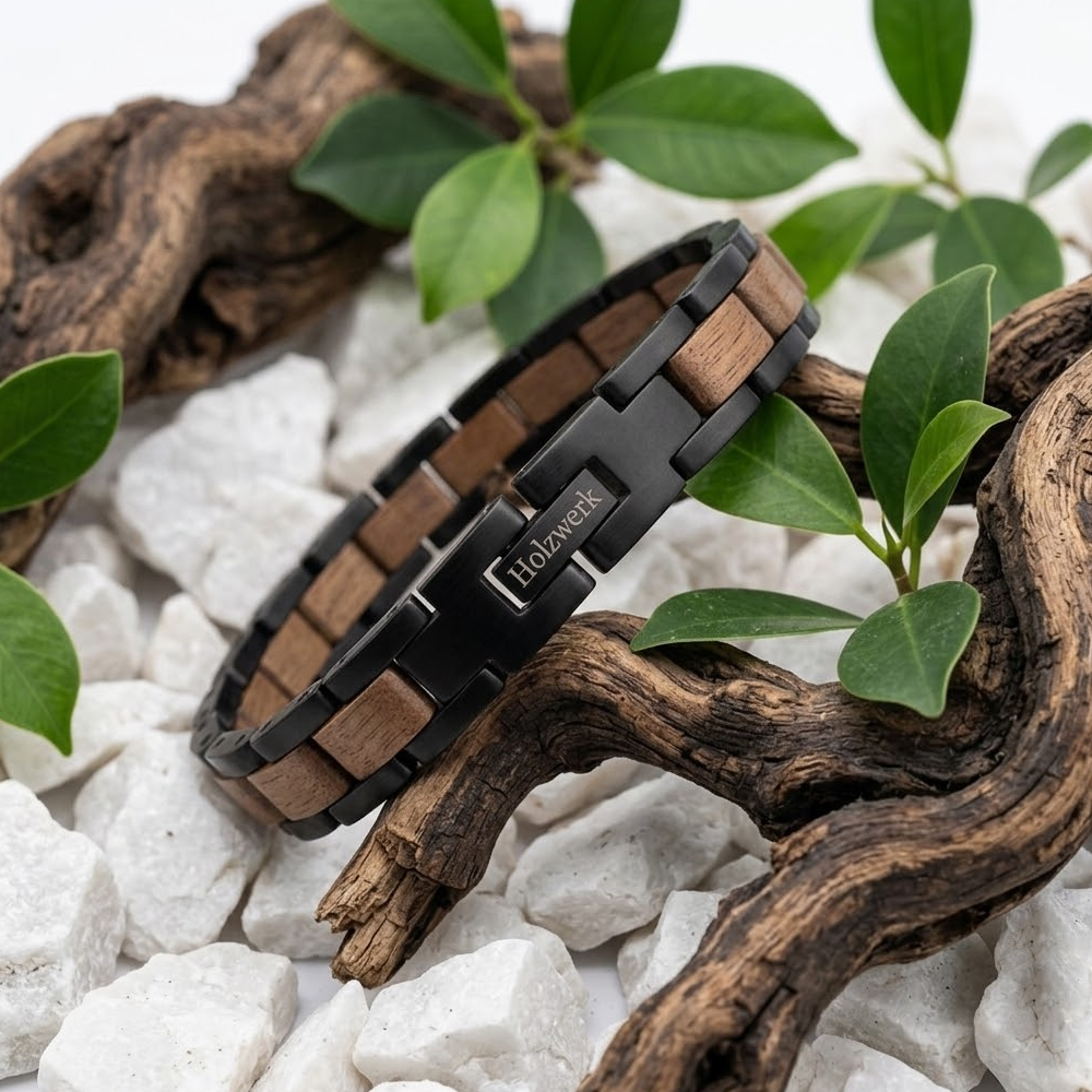 Holzwerk DAMMSEE schwarz-braunes  Holz Armband aus Walnussholz und Edelstahl, Lifestyle Foto in Holzumgebung