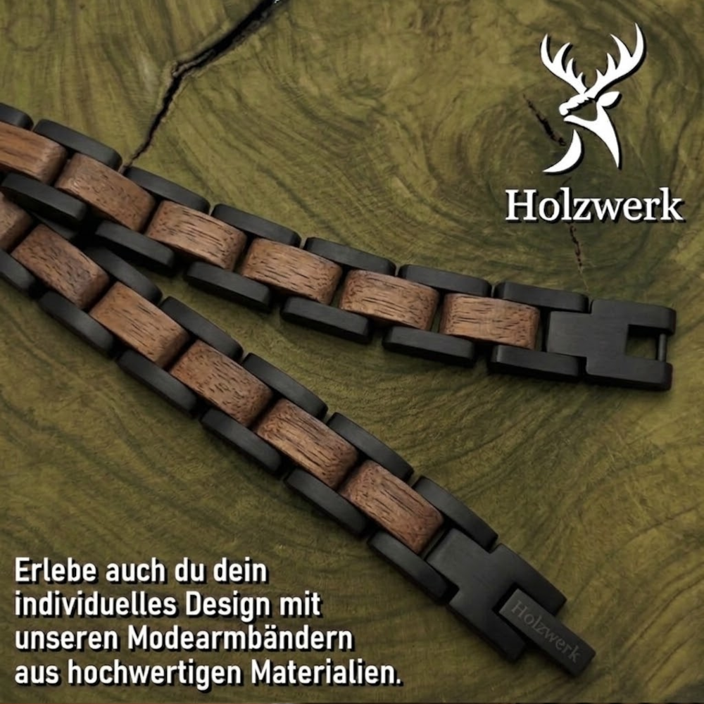 Holzwerk DAMMSEE schwarz-braunes  Holz Armband aus Walnussholz und Edelstahl, Detailansicht der Gliederkonstruktion