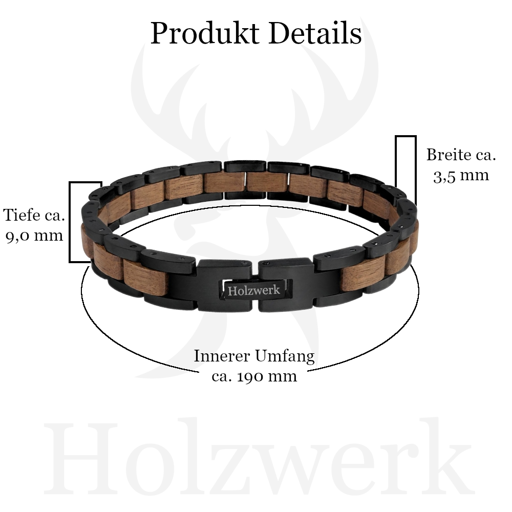 Holzwerk DAMMSEE schwarz-braunes  Holz Armband aus Walnussholz und Edelstahl mit Maßangaben
