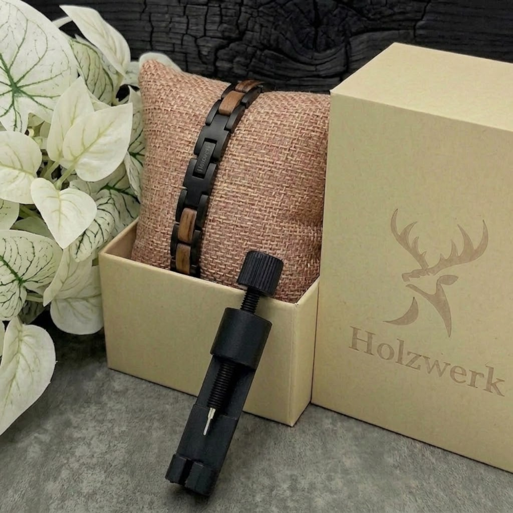 Holzwerk DAMMSEE schwarz-braunes  Holz Armband aus Walnussholz und Edelstahl in Holzwerk Uhrenbox
