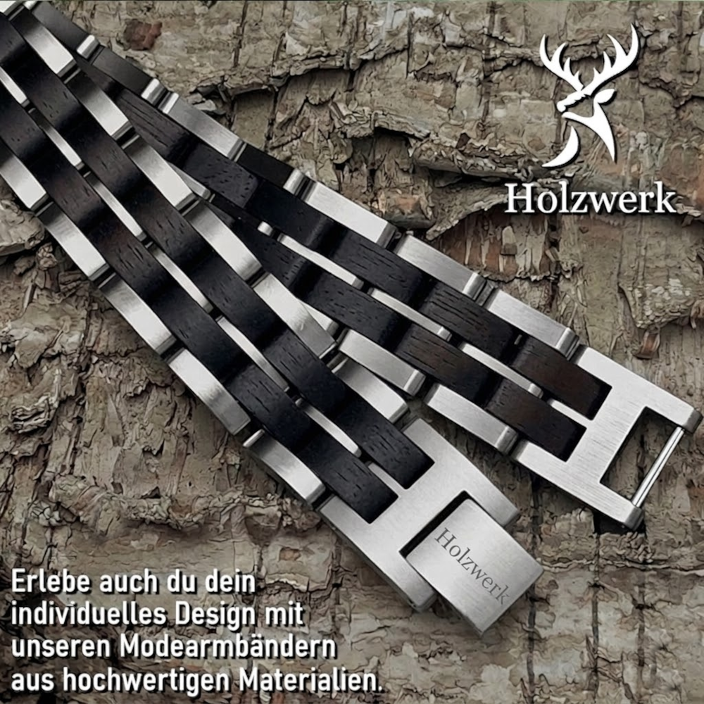 Holzwerk DEGERSEE silber-dunkelbraunes Holz Armband aus Ebonyholz und Edelstahl, Detailansicht der Gliederkonstruktion