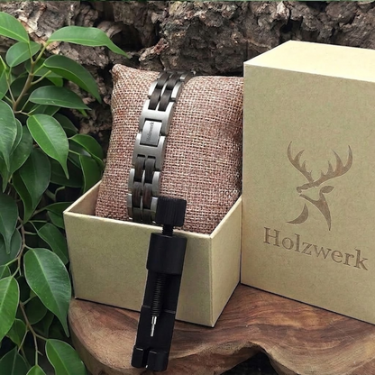 Holzwerk DEGERSEE silber-dunkelbraunes Holz Armband aus Ebonyholz und Edelstahl mit Gliederkonstruktion in Holzwerk Uhrenbox