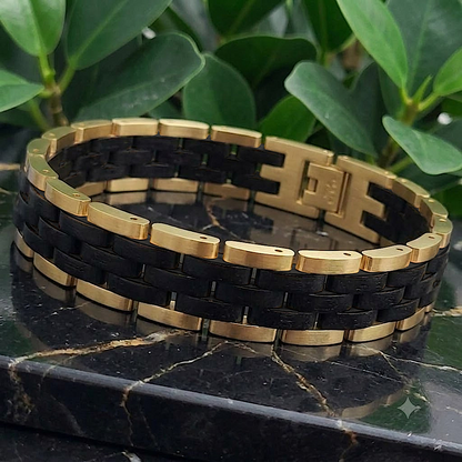 Holzwerk DEHMSEE gold-schwarzes Holz Armband aus Ebonyholz und Edelstahl mit Gliederkonstruktion, Ansicht der Rückseite