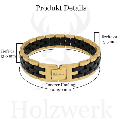 Holzwerk DEHMSEE gold-schwarzes Holz Armband aus Ebonyholz und Edelstahl mit Gliederkonstruktion mit Maßangaben
