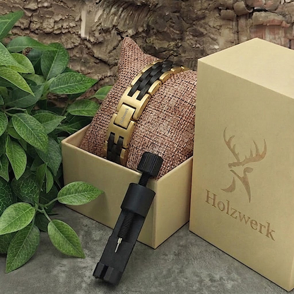 Holzwerk DEHMSEE gold-schwarzes Holz Armband aus Ebonyholz und Edelstahl mit Gliederkonstruktion in Holzwerk Uhrenbox