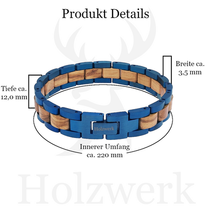 Holzwerk DIEKSEE blau-braunes Holz Armband aus Zebraholz und Edelstahl mit Gliederkonstruktion mit Maßangaben