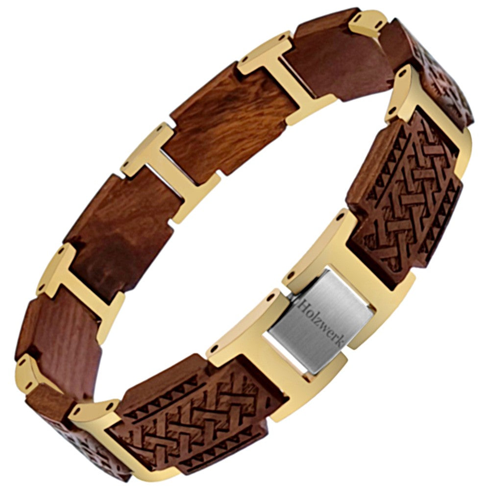 Holzwerk EIBSEE Armband aus Sandelholz und Edelstahl in Braun und Gold mit Gliederdesign und Klappverschluss, Frontal