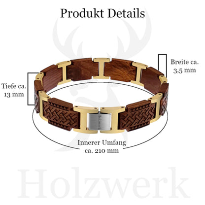 Holzwerk EIBSEE Armband aus Sandelholz und Edelstahl in Braun und Gold mit Gliederdesign mit Maßangaben