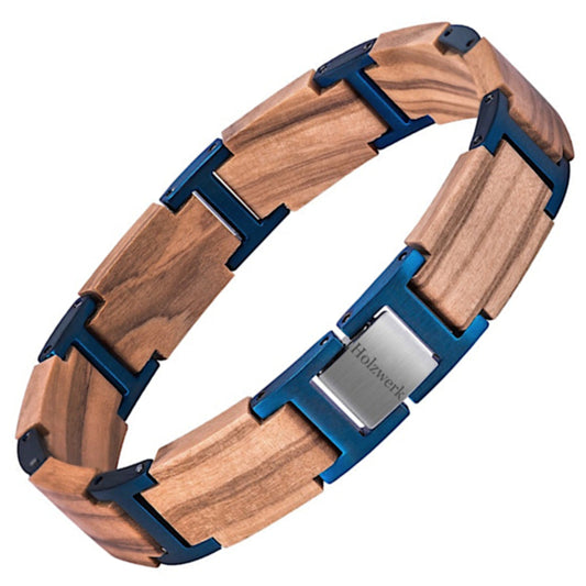 Holzwerk ELBSEE Armband aus Olivenholz und Edelstahl in Blau und Beige mit Gliederdesign und Klappverschluss, Frontal
