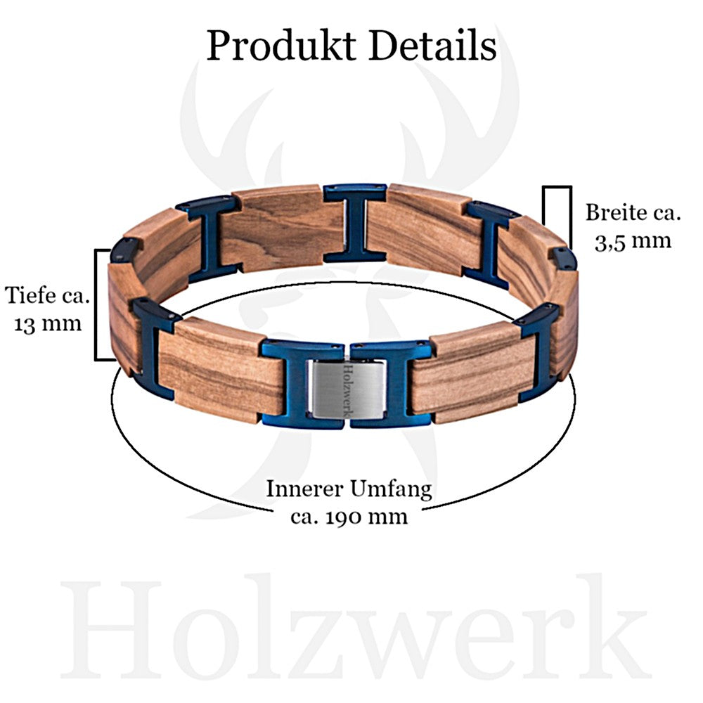 Holzwerk ELBSEE Armband aus Olivenholz und Edelstahl in Blau und Beige mit Gliederdesign mit Maßangaben