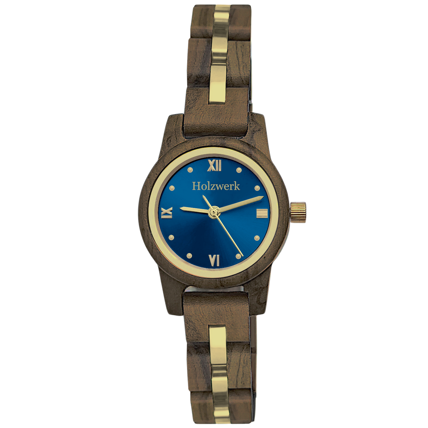 Holzwerk ELLINGEN Damen Armbanduhr aus edlem Walnussholz mit blau-goldenem Zifferblatt und römischen Ziffern, Frontansicht