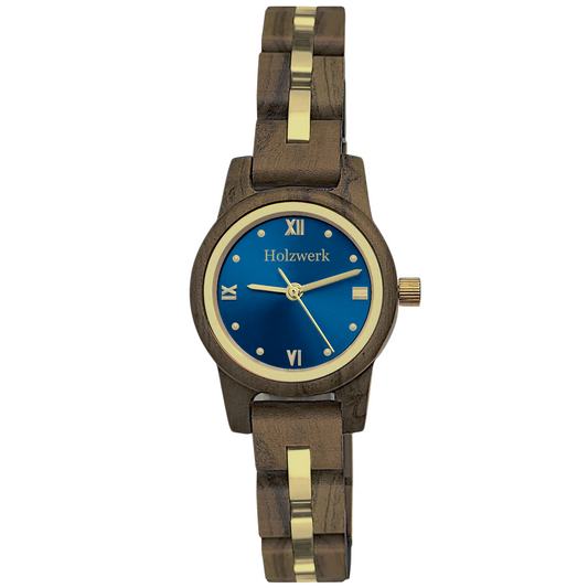 Holzwerk ELLINGEN Damen Armbanduhr aus edlem Walnussholz mit blau-goldenem Zifferblatt und römischen Ziffern, Frontansicht