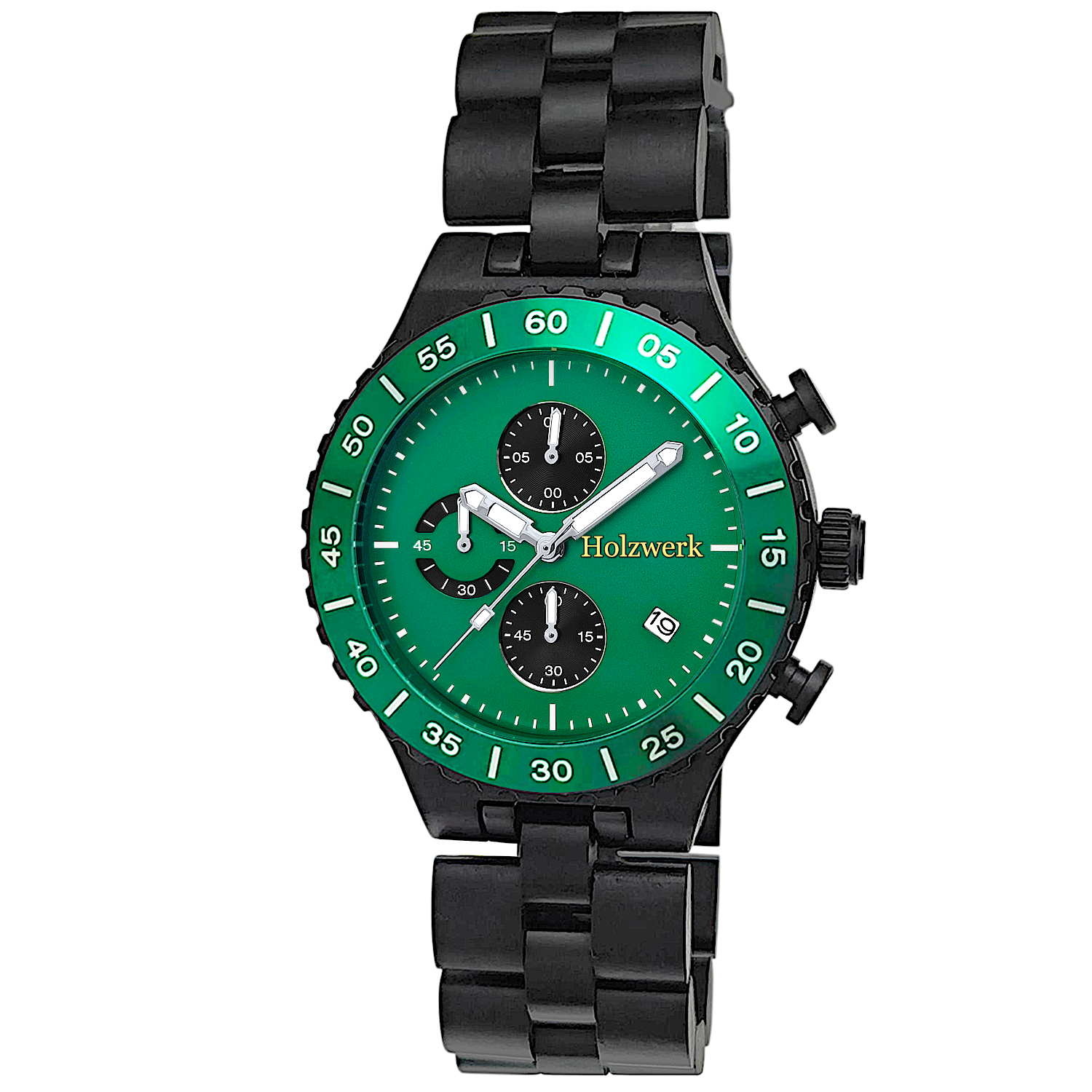 Holzwerk ELZE Chronographen-Uhr aus Ebenholz mit Chronographen, Datum und grün-schwarzem Ziffernblatt, frontal