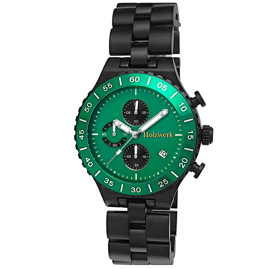 Holzwerk ELZE Chronographen-Uhr aus Ebenholz mit Chronographen, Datum und grün-schwarzem Ziffernblatt, frontal