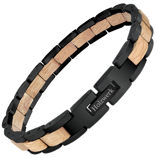 Holzwerk EMMSEE schwarz-beiges Holz Armband aus Olivenholz und Edelstahl mit Gliederkonstruktion Frontansicht