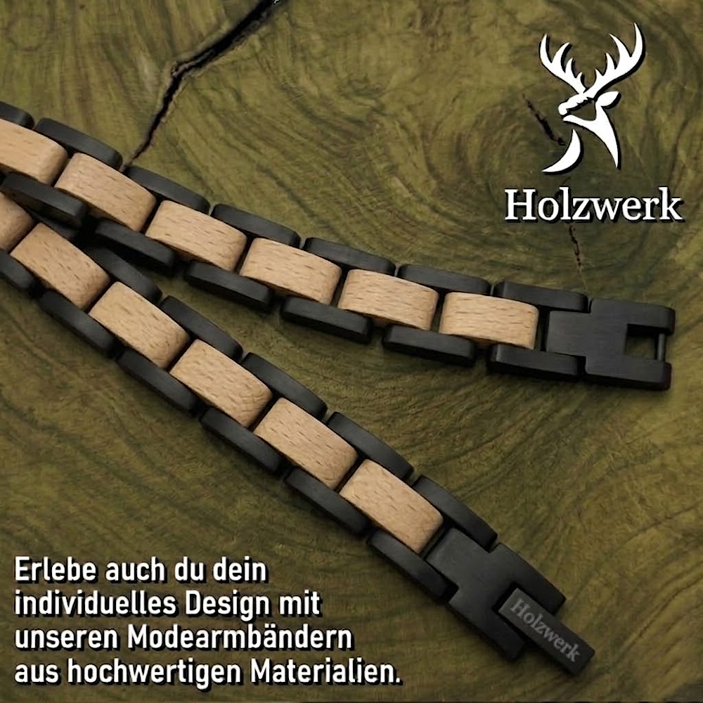 Holzwerk EMMSEE schwarz-beiges Holz Armband aus Olivenholz und Edelstahl, Detailansicht der Gliederkonstruktion