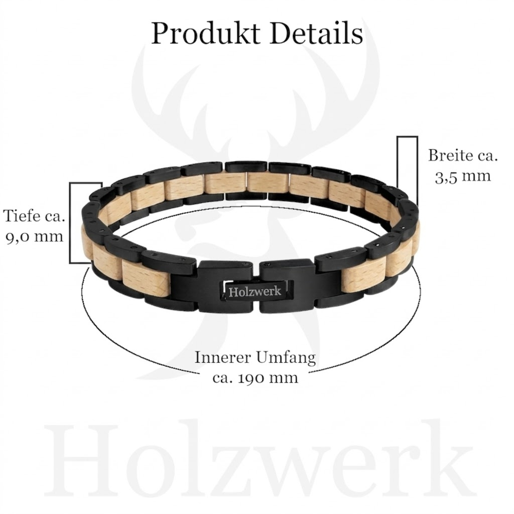Holzwerk EMMSEE schwarz-beiges Holz Armband aus Olivenholz und Edelstahl mit Gliederkonstruktion und Maßangaben