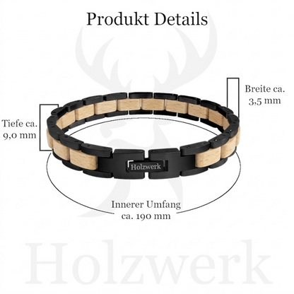 Holzwerk EMMSEE schwarz-beiges Holz Armband aus Olivenholz und Edelstahl mit Gliederkonstruktion und Maßangaben