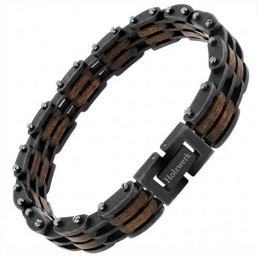 Holzwerk FELDSEE anthrazit-braunes Holz Armband aus Walnussholz und Edelstahl mit Gliederkonstruktion, Frontansicht