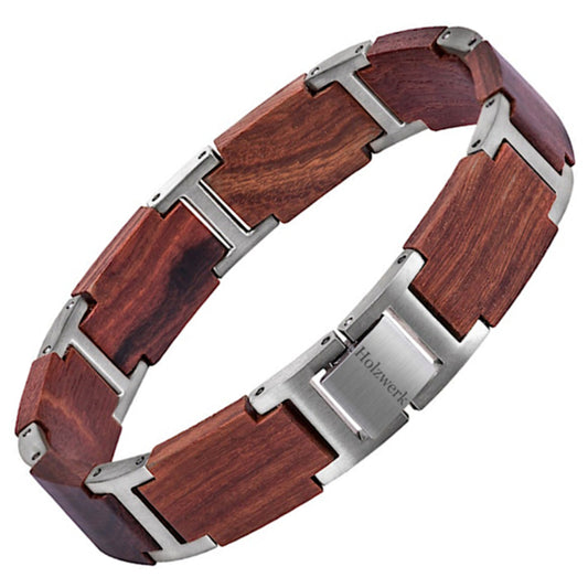 Holzwerk FENNSEE Armband aus Sandelholz und Edelstahl in Braun und Silber mit Gliederdesign und Klappverschluss, Frontal