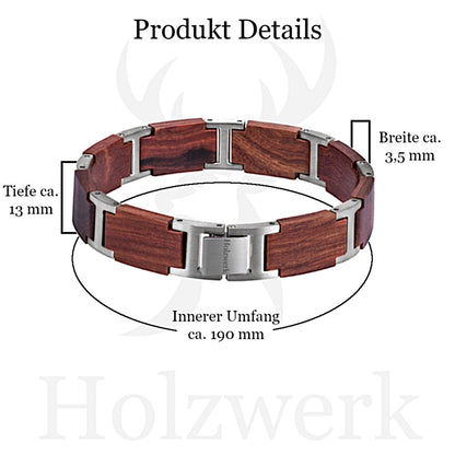 Holzwerk FENNSEE Armband aus Sandelholz und Edelstahl in Braun und Silber mit Maßangaben