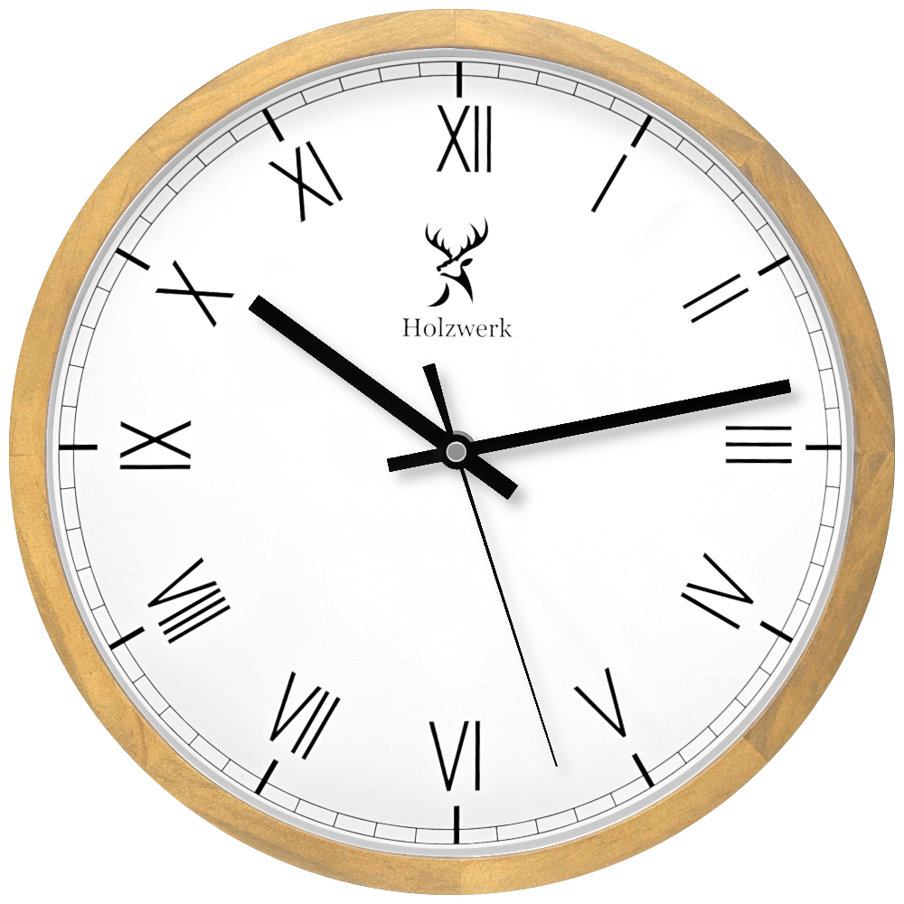 Holzwerk FREIBURG 30 cm moderne Holz-Quarz Wanduhr mit römischen Ziffern Frontansicht