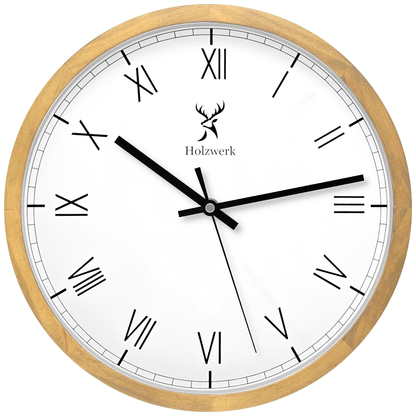 Holzwerk FREIBURG 30 cm moderne Holz-Quarz Wanduhr mit römischen Ziffern Frontansicht