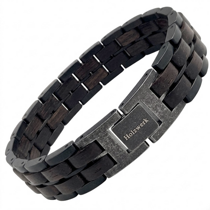 Holzwerk GAMENSEE anthrazit-graues  Holz Armband aus Ebonyholz und Edelstahl mit Gliederkonstruktion Schrägansicht