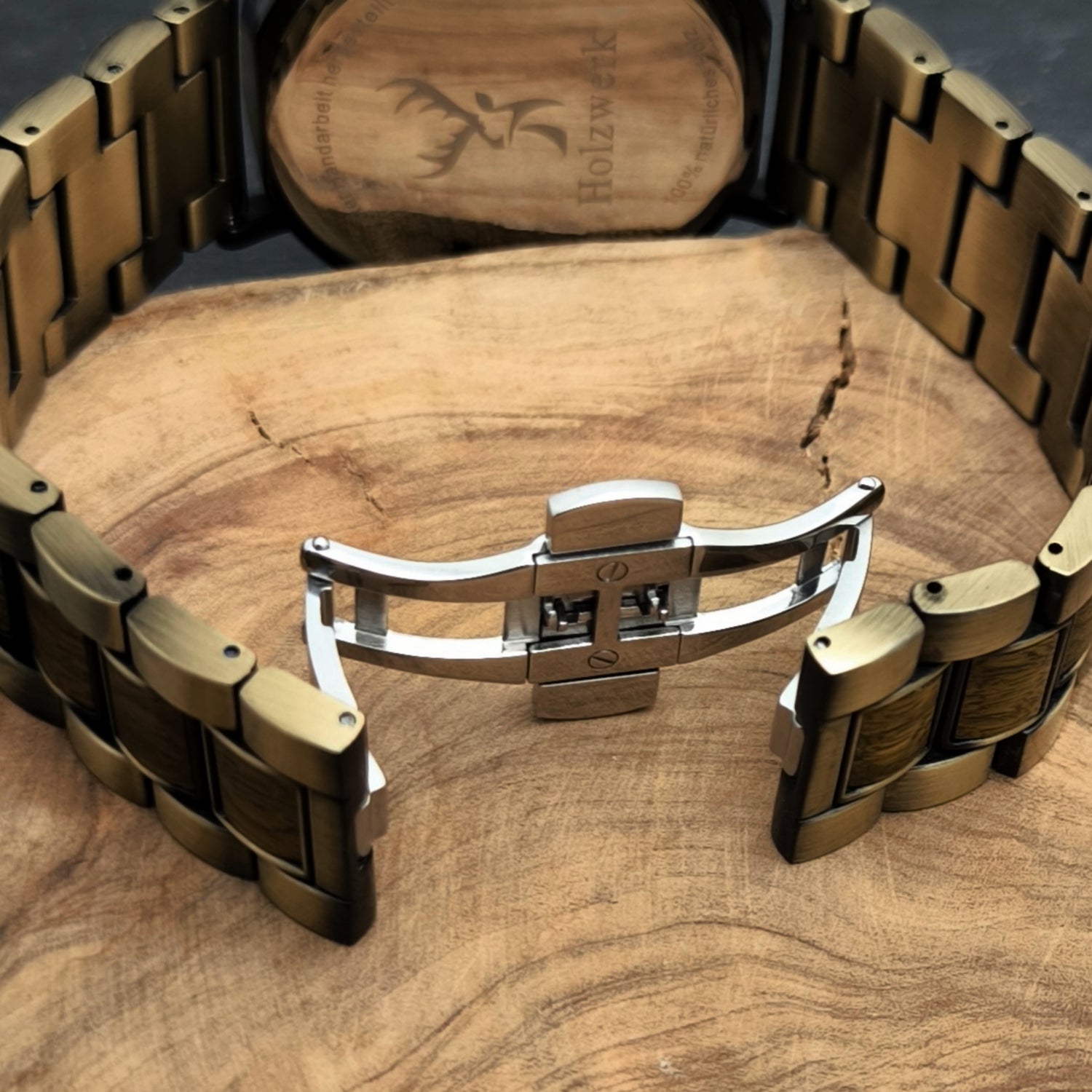 Holzwerk GIESINGEN Holz Uhr Chronograph mit Datum, Gold, Oliv Gruen, Armband