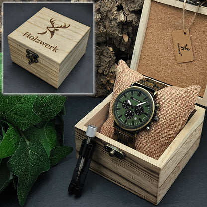 Holzwerk GIESINGEN Holz Uhr Chronograph mit Datum, Gold, Oliv Gruen, Uhrenbox