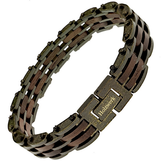 Holzwerk GOLDSEE altgold-braunes Holz Armband aus Walnussholz und Edelstahl mit Gliederkonstruktion, Frontansicht